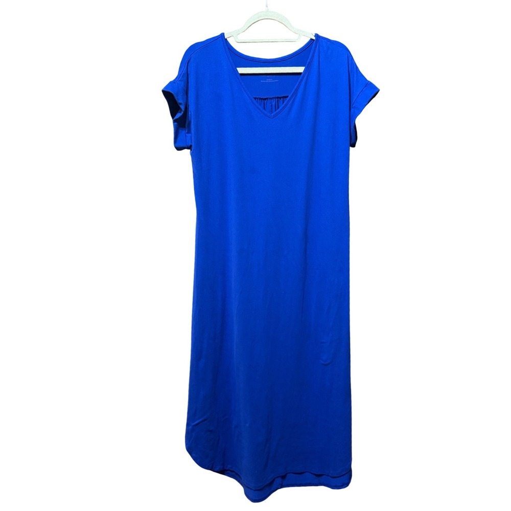 Soft Surroundings Royal Blue V-Neck Midi T-Shirt Dress Short Sleeve Med Drapey
